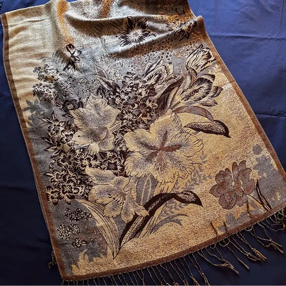 Elegant Black and Gold Floral Scarf/Wrap - Picture 3 of 7